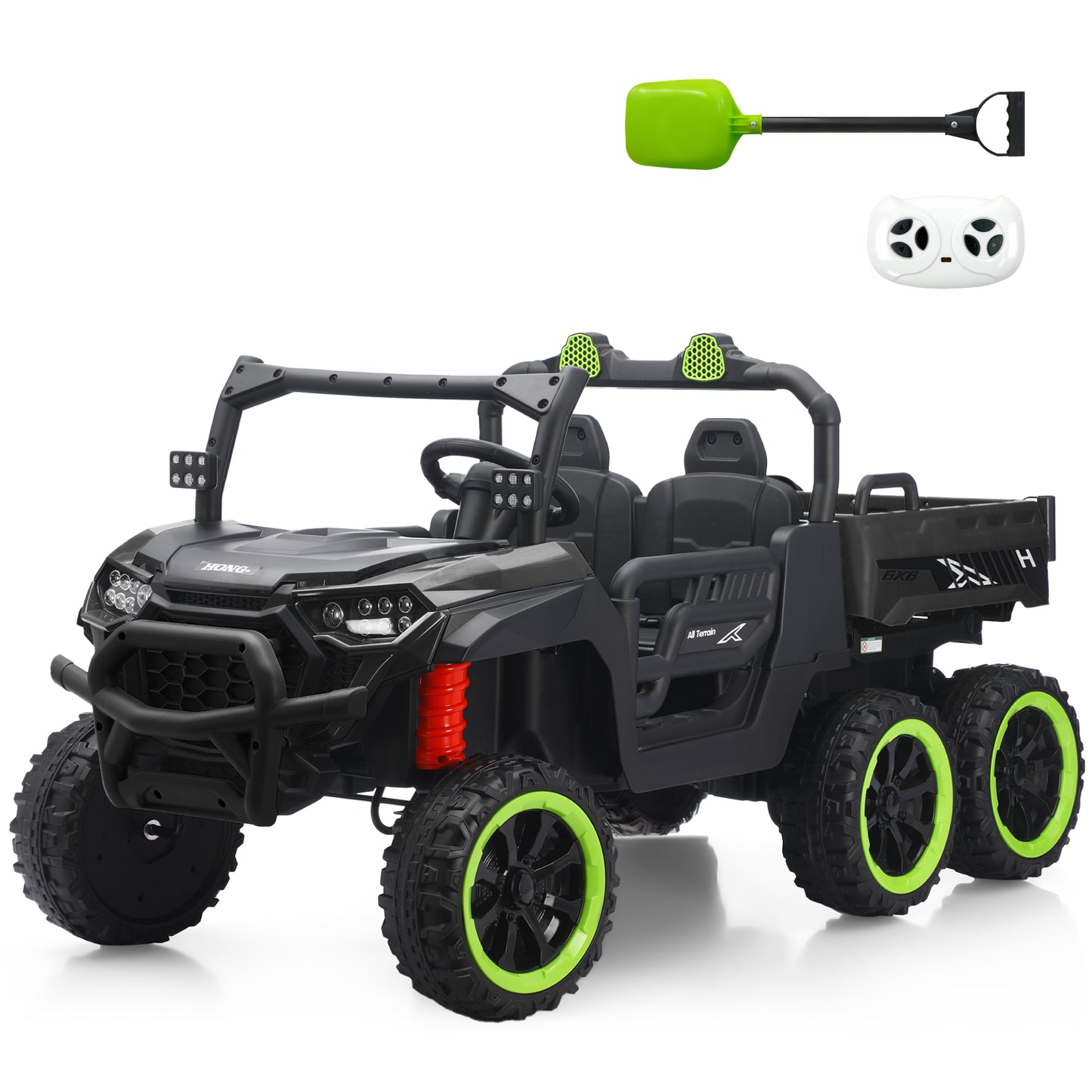 TCARAIWEN 24V Ride On 2 Seater Dump Truck with Remote Control, Ride on UTV W/,2 Speed 4WD Power Ride Cars 6x6 Wheels Ride on Toys W/ Dump Bed/Shovel for Boys Girls