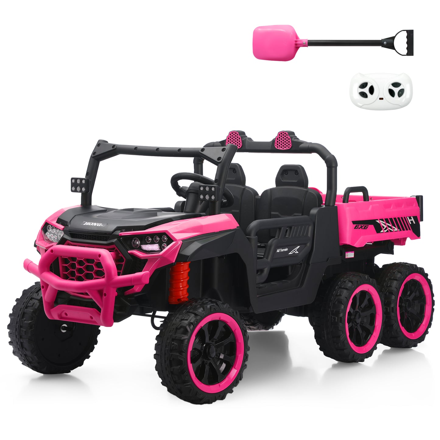 TCARAIWEN 24V Ride On 2 Seater Dump Truck with Remote Control, Ride on UTV W/,2 Speed 4WD Power Ride Cars 6x6 Wheels Ride on Toys W/ Dump Bed/Shovel for Boys Girls