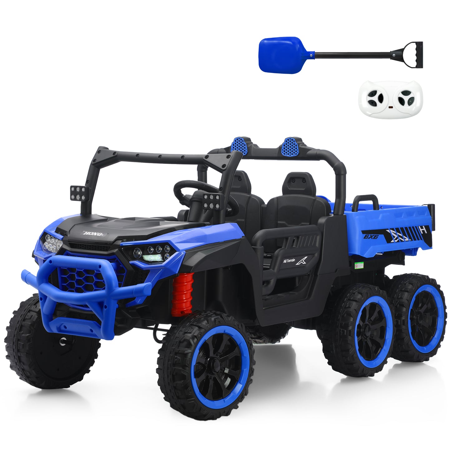 TCARAIWEN 24V Ride On 2 Seater Dump Truck with Remote Control, Ride on UTV W/,2 Speed 4WD Power Ride Cars 6x6 Wheels Ride on Toys W/ Dump Bed/Shovel for Boys Girls