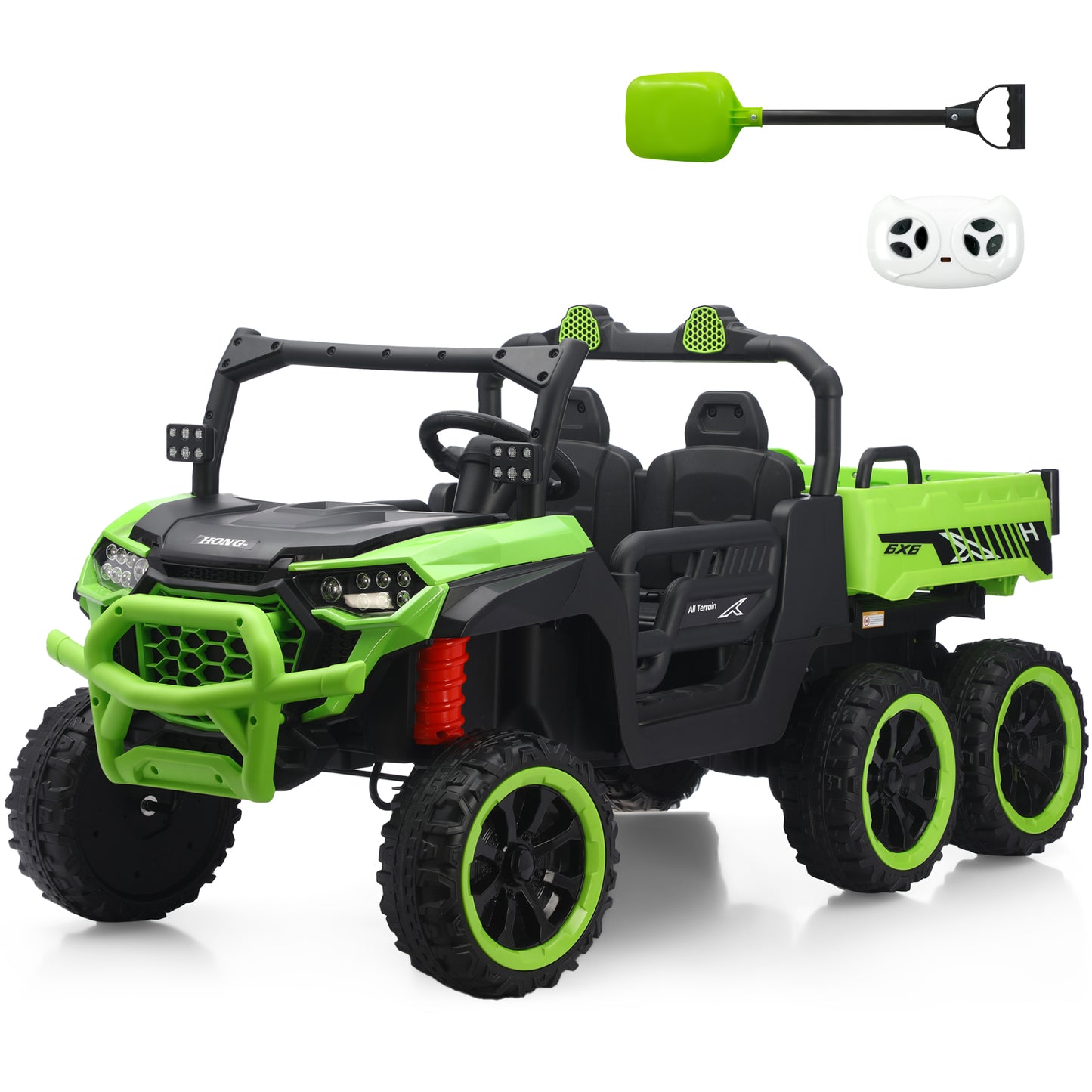 TCARAIWEN 24V Ride On 2 Seater Dump Truck with Remote Control, Ride on UTV W/,2 Speed 4WD Power Ride Cars 6x6 Wheels Ride on Toys W/ Dump Bed/Shovel for Boys Girls