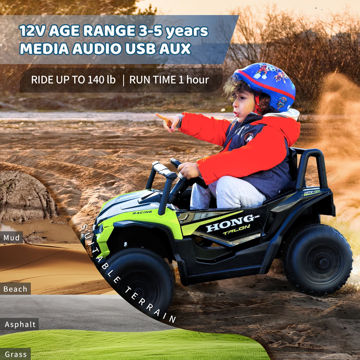 TCARAIWEN 12V Kids Ride On UTV,Ride on Car Toy w/Remote Control,Electric Off-Road UTV Truck,Remote w/ LED Lights MP&Music Bluetooth USB for Kids,Boys and Girls Aged 3-6 Years