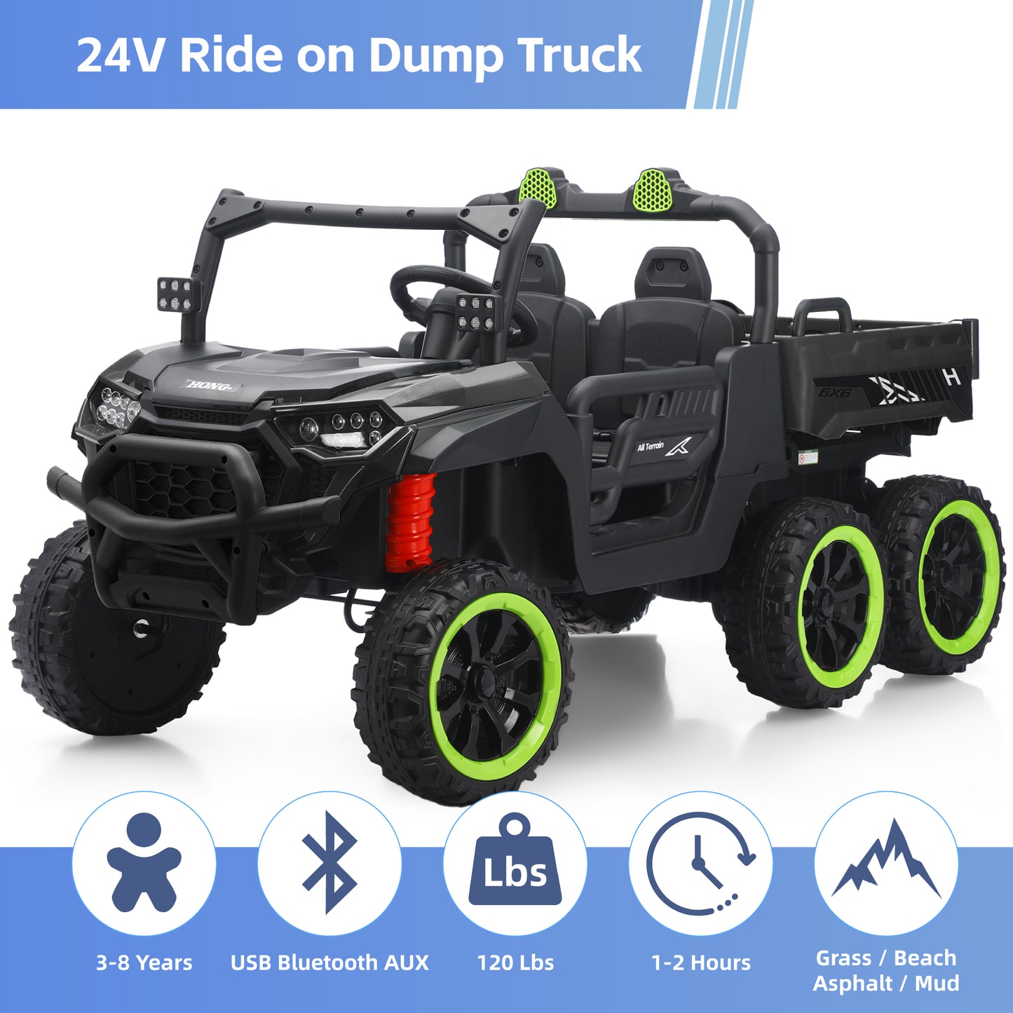 TCARAIWEN 24V Ride On 2 Seater Dump Truck with Remote Control, Ride on UTV W/,2 Speed 4WD Power Ride Cars 6x6 Wheels Ride on Toys W/ Dump Bed/Shovel for Boys Girls
