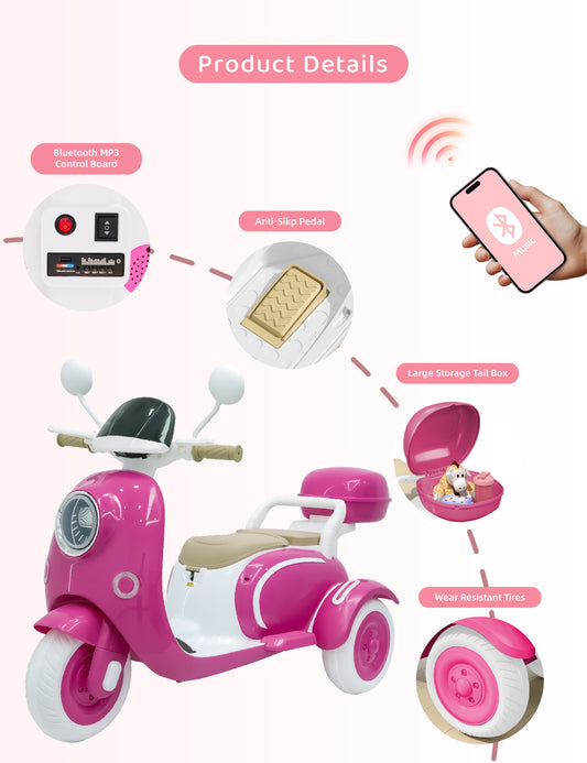 TCARAIWEN Girls Electric Motorcycle, 2 Seats Kids Motorcycle,12V Ride On Scooter for Kids with Storage Compartments, Cute Design with Stable 3-Wheel Structure, Ideal Moped for Girls Ages 3-6