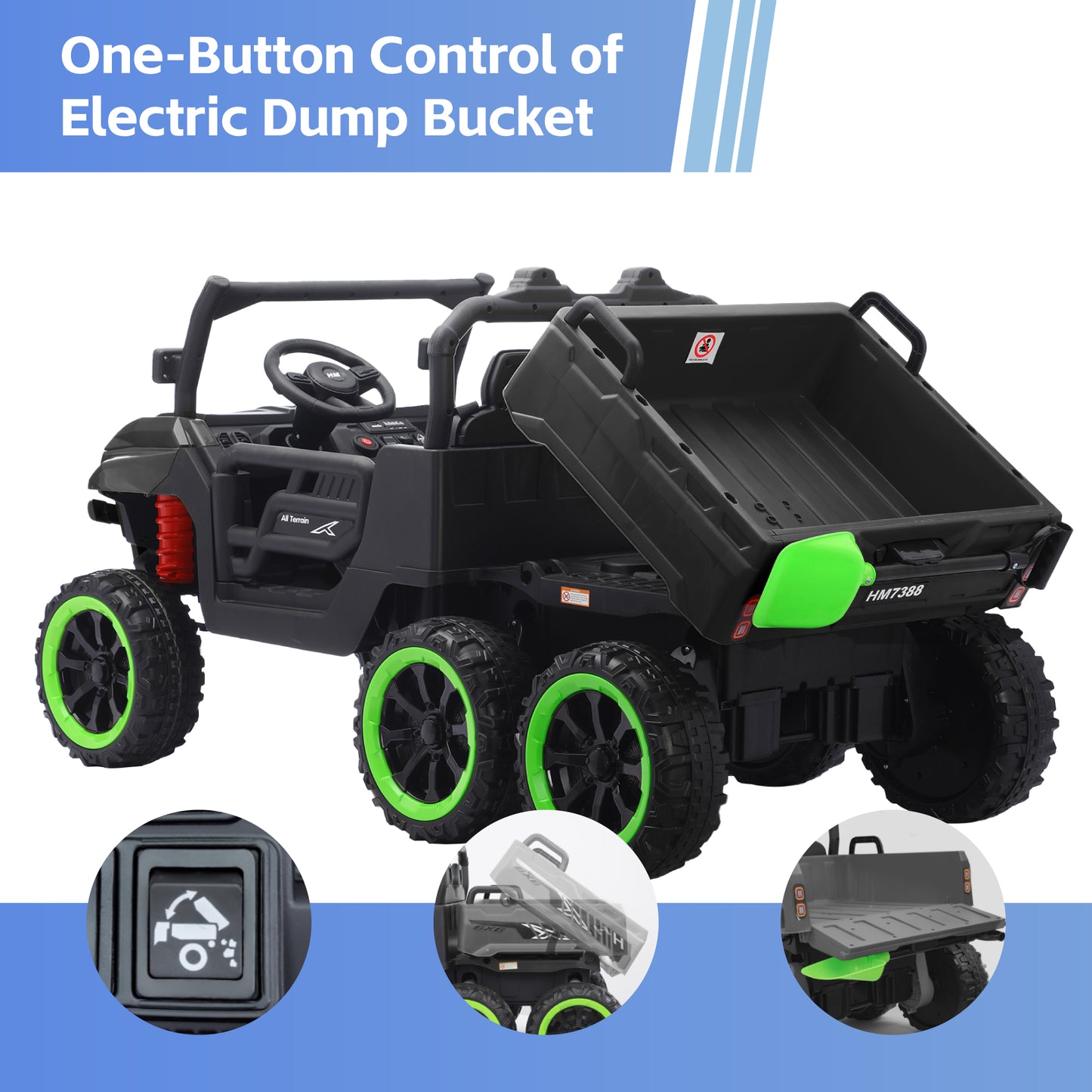 TCARAIWEN 24V Ride On 2 Seater Dump Truck with Remote Control, Ride on UTV W/,2 Speed 4WD Power Ride Cars 6x6 Wheels Ride on Toys W/ Dump Bed/Shovel for Boys Girls